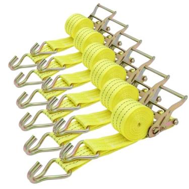 Imagem de Bolvixor Pacote com 6 correias de catraca resistentes de 5 cm x 38 cm - Resistência à ruptura de 2,041 kg - Tiras de amarração com ganchos em J para caminhões, reboques, motocicletas e carga (amarelo)