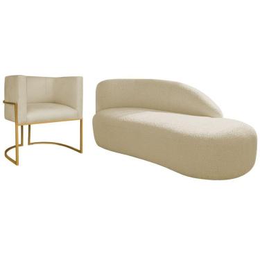 Imagem de Kit Divã Luna 160cm Lado Direito E 01 Poltrona Base De Ferro Dourada Suede Bege