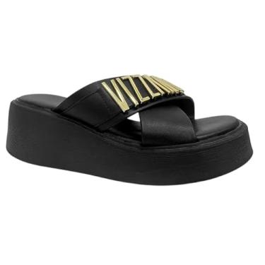 Imagem de VIZZANO Sandália Plataforma Feminina em Couro Sintético Preto com Detalhe Dourado, Confortável para Uso Casual (BR, Adulto, Numérico, 35)