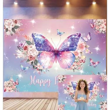Imagem de Pano de fundo borboleta feliz aniversário roxo borboleta floral fotografia banner para meninas mulheres decoração de festa de aniversário decoração de bolo mesa de fotos adereços (2,8 x 1,5 m)