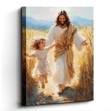 Imagem de WOXZQ Arte de parede de Jesus Cristo, correndo com garota, decoração de parede religiosa, impressão em tela sem moldura, arte de pôster cristão, para presente de quarto de crianças, 30 x 38 cm