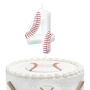 Imagem de Velas de aniversário de beisebol número 4, topo de bolo com tema de beisebol para meninos e meninas, decorações de bolo para aniversários, suprimentos de festa com tema esportivo, velas para