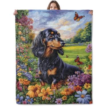 Imagem de Lugiu Adorável cobertor de dachshund, leve e confortável, cobertor para cachorro e flores silvestres para sofá, quarto, cobertor de flanela de viagem de pelúcia macia presentes para mulheres adultos e