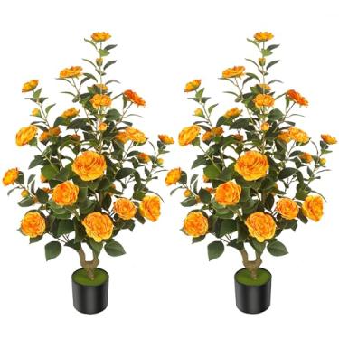 Imagem de HanJoy Camélias artificiais com 36 flores em vasos de cimento – árvores falsas realistas para varanda, casa, decoração de primavera interna e externa, escritório ou presentes de inauguração de casa