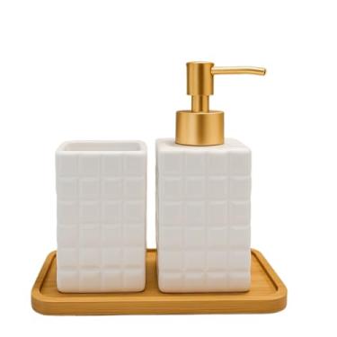 Imagem de Kit Banheiro de Cerâmica 2 Peças – Dispenser Porta Sabonete Líquido e Porta Escova de Dente | Ideal para Lavabo e Decoração Elegante(BRANCO QUADRADINHOS)