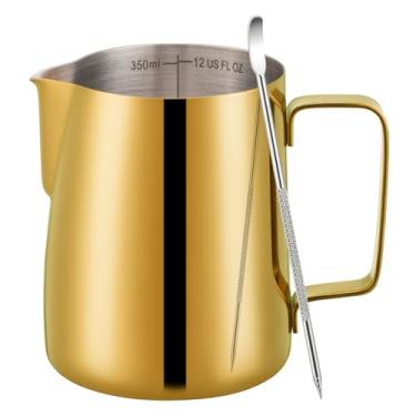 Imagem de Amrules Jarra de espumador de leite, copo de espumador de leite de 350 ml com escala transparente, acessórios para máquina de café expresso de cappuccino de aço inoxidável 304 para barista com caneta