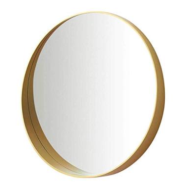 Imagem de Espelho de parede espelhos de banheiro montado na parede espelho de maquiagem espelho de parede espelho de barbear círculo dourado com prateleira de madeira (tamanho: 70 cm)