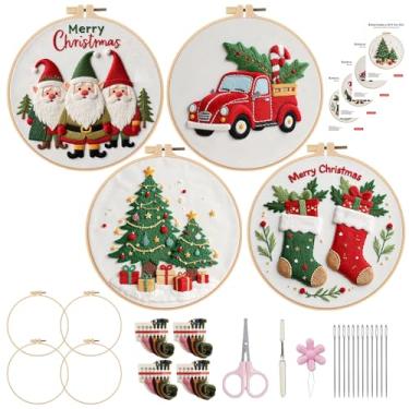 Imagem de LGLRTD Kits de bordado de Natal, 4 conjuntos de kits de bordado para iniciantes, kits de ponto cruz para adultos com padrão, agulhas, fios, ferramentas, kit de artesanato de bordado DIY, 15 cm