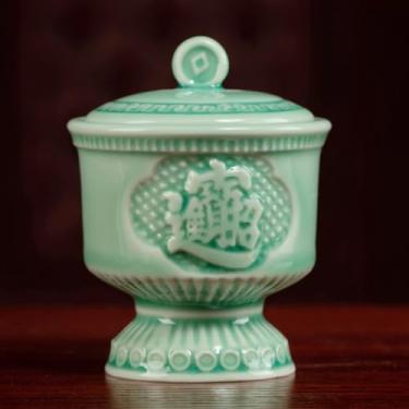 Imagem de FENNYYAR Copo de água benta com ornamento de cerâmica, 8,6 cm 8,9 cm, Deus da Riqueza, oferecendo copo de água de Buda