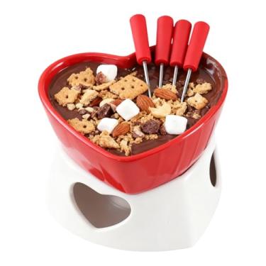 Imagem de Copo De Fondue De Chocolate | Aquecedor De Coração Resistente Ao Calor - Conjunto De Canecas De Fondue Em Cerâmica Com 4 Garfos | Para Queijo Marshmallow Manteiga Sobremesa Bebida Casamento Aniversári