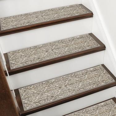 Imagem de BEQHAUSE Passos de escada para degraus de madeira, antiderrapante, lavável à máquina, tapete de escada 20 x 76 cm, macio para crianças, idosos e animais de estimação, 100% poliéster, base TPE, 4 peças