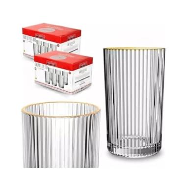 Imagem de Jogo 6 Copos Altos Transparente 420ml Borda Dourada Graffiato Hauskraft (Perfeito Para Mesa Posta)