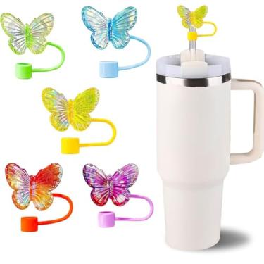 Imagem de 5 peças de topo de palha de dia das borboletas para Stanley Cup New Valentines Day Cover Cap 1,134.0 g/850.5 g, tampas de silicone 3D para canudos de 10 mm, acessórios festivos para copos e presentes