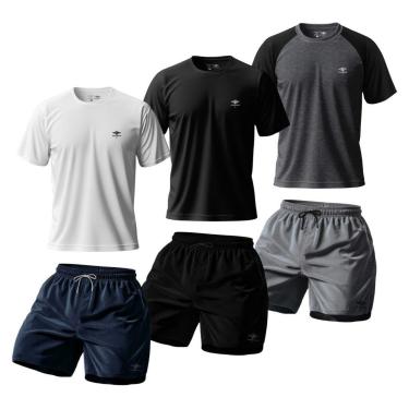 Imagem de Kit Masculino 3 Camisetas Dry Manga Raglan E 3 Shorts Mauricinho Verão Academia Básico-Masculino