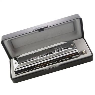 Imagem de Gaita cromática prateada com 12 furos de 48 tons redondos com uma caixa de resina e um pano