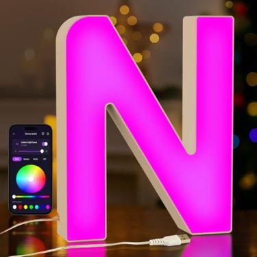 Imagem de MeRGBWLife Letra N LED para letreiro – Controle de aplicativo alimentado por USB, luz noturna calma com mudança de cor, decoração de parede com nome de berçário para recém-nascidos