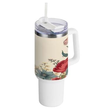 Imagem de xigua Copo vintage de flores silvestres de 1,134 g com alça e canudo, aço inoxidável duplo isolado a vácuo garrafa de água suporte de copo de garrafa de água amigável à prova de vazamento copo de