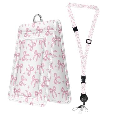 Imagem de Bolimoss Lindo porta-crachá de laço rosa com cordão de pescoço removível, porta-cartão transparente de dupla face com carretel retrátil ajustável, tiras de cordão, fivelas de liberação rápida para