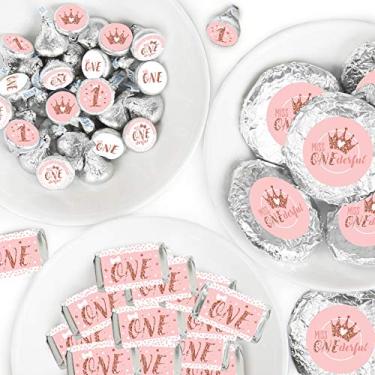 Imagem de Big Dot of Happiness 1st Birthday Little Miss Onederful - Mini Candy Bar Wrappers, Round Candy Stickers and Circle Stickers - Girl First Birthday Party Candy Favor Sticker Kit - 304 Pieces