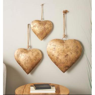 Imagem de Sinos de suspensão feitos à mão com acabamento de latão para sinos de porta com corda de juta, sinos decorativos chiques gastos (Sino de coração (5,4,3 cm))