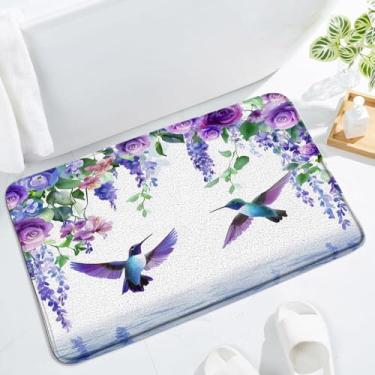 Imagem de Tapete de banho floral roxo flor beija-flor aquarela pássaro lavanda chorando folhas verdes lilás videira rústica planta fazenda natureza jardim moderno tapete de banheiro tapete de chão