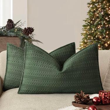 Imagem de Foindtower Conjunto de 2 fronhas decorativas de algodão Waffle Weave lombar capas de almofada europeias para cama, sofá, quarto, sala de estar, decoração de casa, 30 x 50 cm, verde escuro