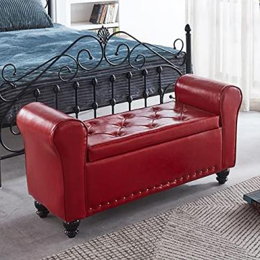 Imagem de FAMEOYA Banco otomano de armazenamento armado de couro PU, banco de armazenamento de braço enrolado, moderno banco de cama tufado, banco de entrada de sapatos, banco de sofá de madeira - vermelho 100