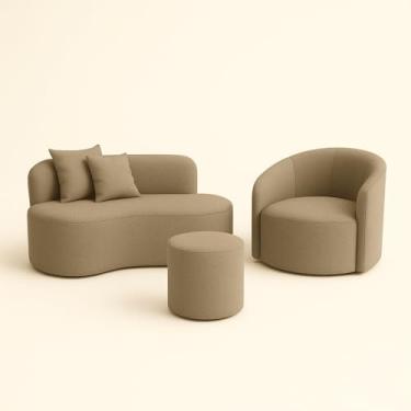 Imagem de Conjunto 01 Poltrona + Sofá e 1 Puff Curvo Orgânico Nature Gaia Sued Capuccino - Montanaris Decor