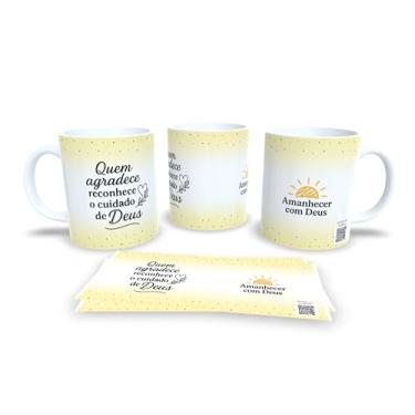 Imagem de Caneca de Cerâmica com Frases Motivacionais, Amanhecer com Deus, Amarelo e Branco, Design Pontilhado (20819)