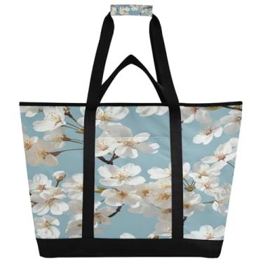 Imagem de STAYTOP Bolsa térmica grande com árvore de cerejeira branca, bolsa térmica dobrável, reutilizável, à prova de vazamento, lancheira portátil à prova de vazamento, para compras, comida, viagem, praia