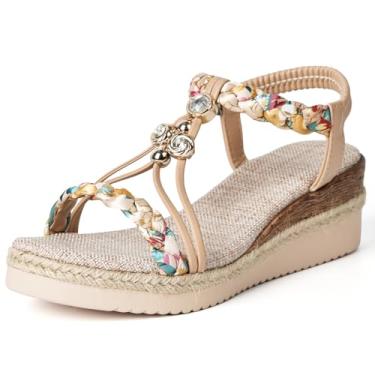 Imagem de SKETOE Sandálias femininas espadrille plataforma com tira elástica no tornozelo, salto plataforma bico aberto, salto confortável de verão, Bege, 35