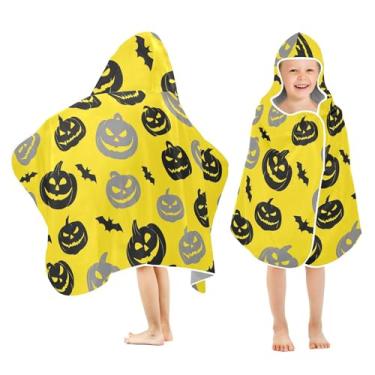 Imagem de Burbuja Toalha de banho com capuz assustadora abóboras amarelas para crianças, toalha de praia de pelúcia macia absorvente para meninas e meninos 3-10 anos, 61 x 127 cm