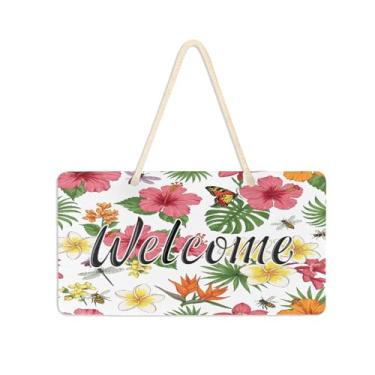 Imagem de Burbuja Placa de boas-vindas de flores tropicais para porta da frente, placa de boas-vindas de PVC para decoração de férias de casa de fazenda, 15 x 28 cm
