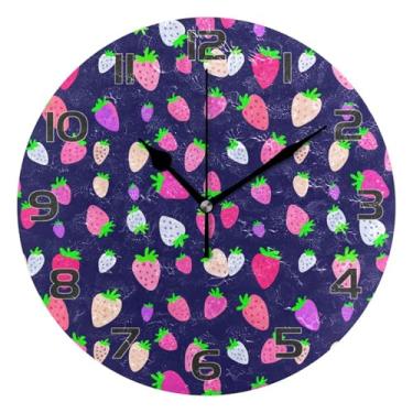 Imagem de YETTASBIN Relógio de parede morangos, silencioso, sem tique-taque, operado por bateria, relógio redondo decorativo criativo para cozinha, sala de estar, banheiro, decoração de escritório em casa