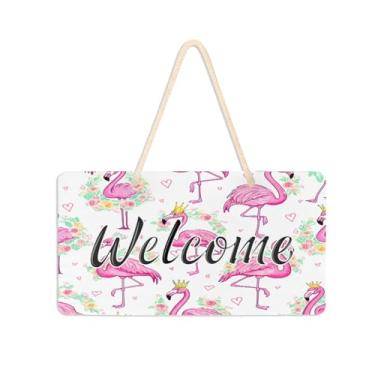 Imagem de Burbuja Placa de boas-vindas flamingos vestindo coroas para porta da frente, placa de boas-vindas de PVC para pendurar na parede varanda casa de fazenda, decoração de feriados, 15 x 28 cm