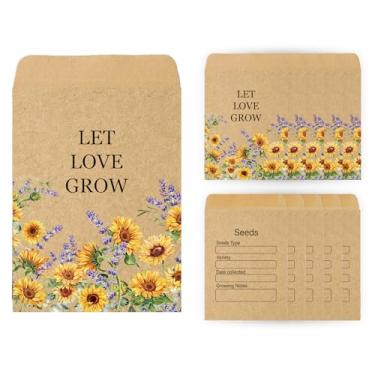 Imagem de JarThenaAMCS 50 pacotes de sementes de lavanda de girassol autoadesivos envelopes kraft floral vintage Let Love Grow bolsos de armazenamento de sementes para jardim, casamento, chá de panela