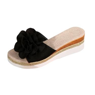 Imagem de Sandálias de praia estilo verão cor sólida uma linha flor desgaste exterior salto cunha chinelos de fundo grosso, Preto, 35