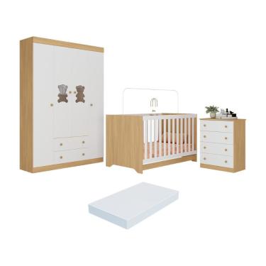 Imagem de Quarto De Bebê Completo Com Berço Americano 3 Em 1 Colchão Teddy Multimóveis MP4664 Madeirado-branco