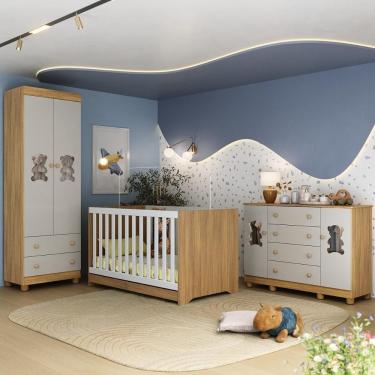 Imagem de Quarto De Bebê Completo Com Berço Americano 3 Em 1 Fofura Multimóveis MP4657 Madeirado-off White