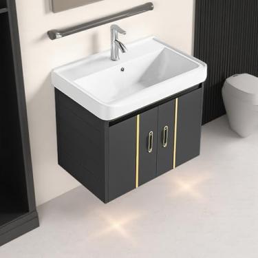 Imagem de HILIVESVALUE Mini penteadeira compacta de 50 cm dourada cinza montada na parede com pia de 50,8 cm, projetada para banheiros compactos, penteadeira flutuante