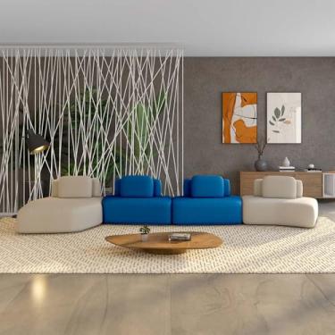 Imagem de Sofá Ilha Sala de Estar Dakota 4 Módulos 626cm Encostos Almofadas Soltas Veludo Bege/Azul G33 - Gran Belo