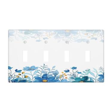 Imagem de Naiqadnehz Placa de cobertura de interruptor de luz azul flores aquarela 4 gangues placa de parede com interruptor quádruplo capa de tomada decorativa para decoração de quarto e casa