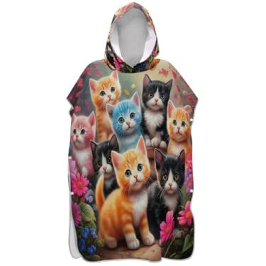 Imagem de Joisal Roupão absorvente para troca de poncho de surfe para adultos toalha de banho com capuz colorido gatinhos fofos floral rosa unissex poncho adulto com capuz
