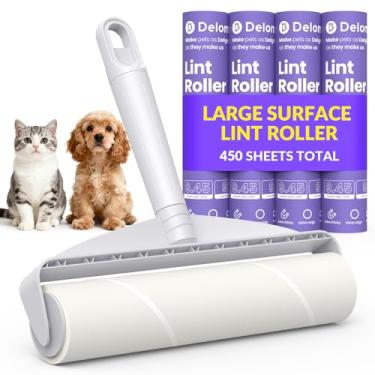 Imagem de Rolo de fiapos de superfície grande de 24 cm: Rolo pegajoso extra largo DELOMO para pelos de animais de estimação - Limpa mais rapidamente em sofás, camas, tapetes, roupas, móveis e assentos de carro