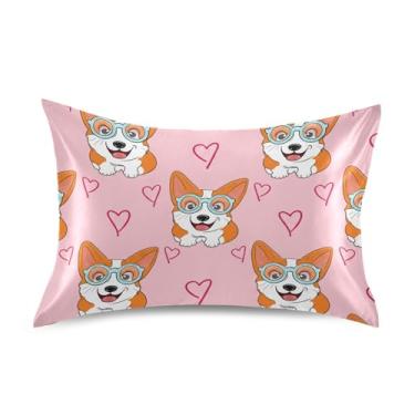 Imagem de Playful Corgis Dogs Fronhas de cetim rosa engraçadas personalizadas resfriamento padrão king queen travesseiros presentes decoração de cama king size 101,6 cm x 50,8 cm
