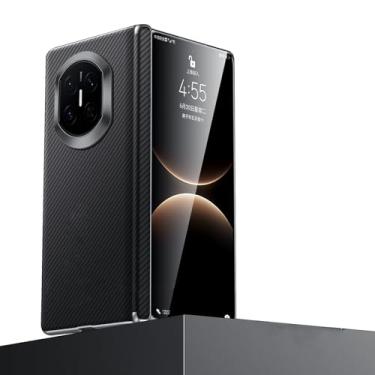 Imagem de POYUFRG Capa magnética para Huawei Mate X7, capa de couro ultrafina leve de luxo com padrão de fibra de carbono com capa de proteção de dobradiça, preta, Mate X7