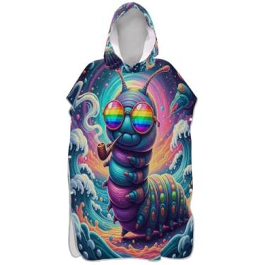 Imagem de Joisal Roupão leve para adultos poncho de surfe toalha de banho com capuz bonito colorido lagarta ponchos adultos para mulheres