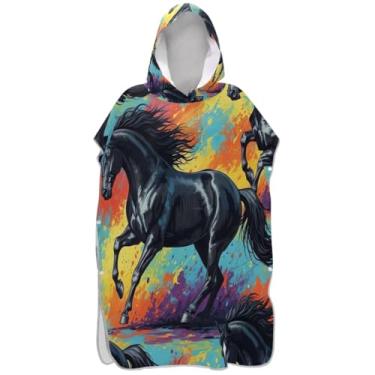 Imagem de Joisal Poncho de surf com estampa de cavalo preto colorido para adulto roupão com capuz toalha de natação poncho masculino absorvente com capuz