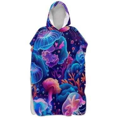 Imagem de Joisal Poncho de surfe trocador de roupão adulto praia moletom com capuz toalha natação plus size adulto ponchos para mulheres néon água-viva azul recife