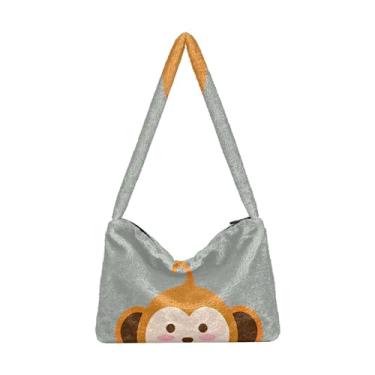 Imagem de Linda bolsa de ombro de parede quebrada, bolsa feminina de pelúcia para uso ao ar livre, Macaco fofo cinza, One Size